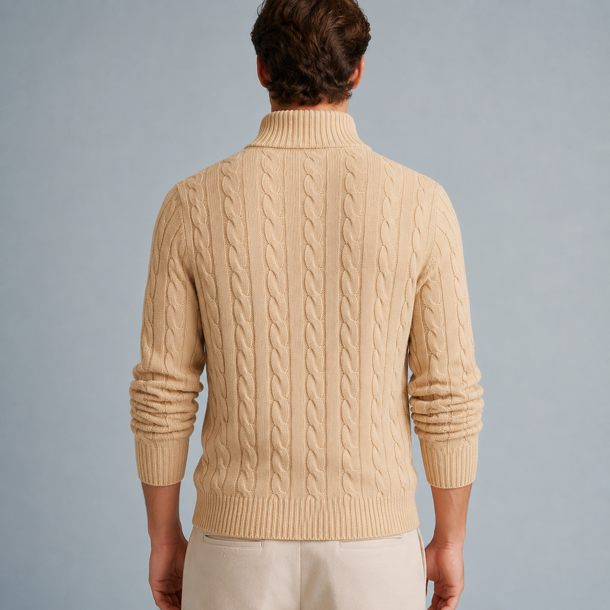 Men's Cotton Cable Knit Zip Turtleneck Jumper