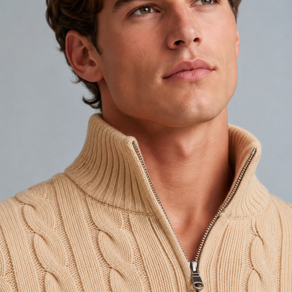 Men's Cotton Cable Knit Zip Turtleneck Jumper