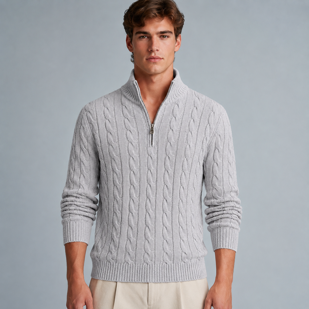 Men's Cotton Cable Knit Zip Turtleneck Jumper