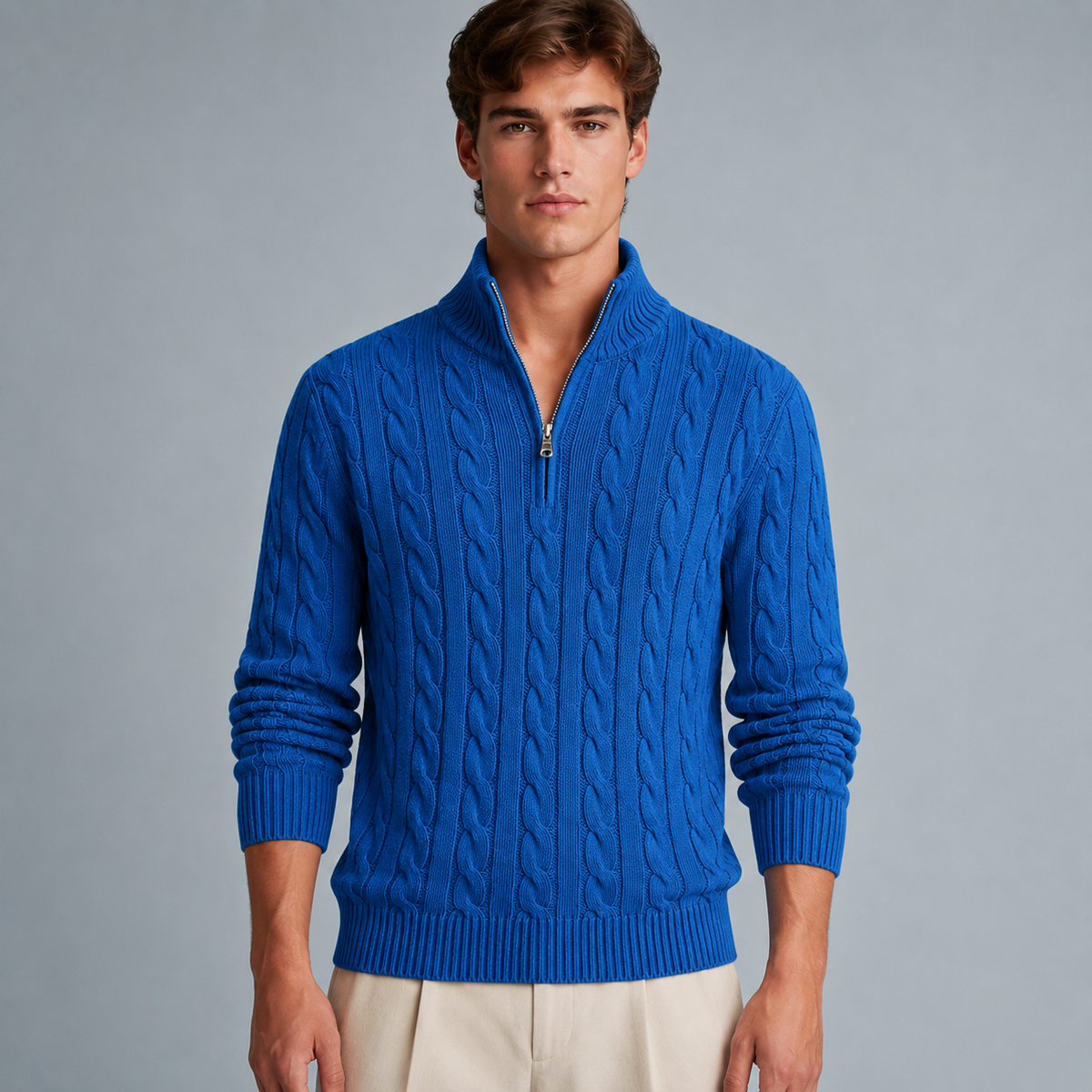 Men's Cotton Cable Knit Zip Turtleneck Jumper