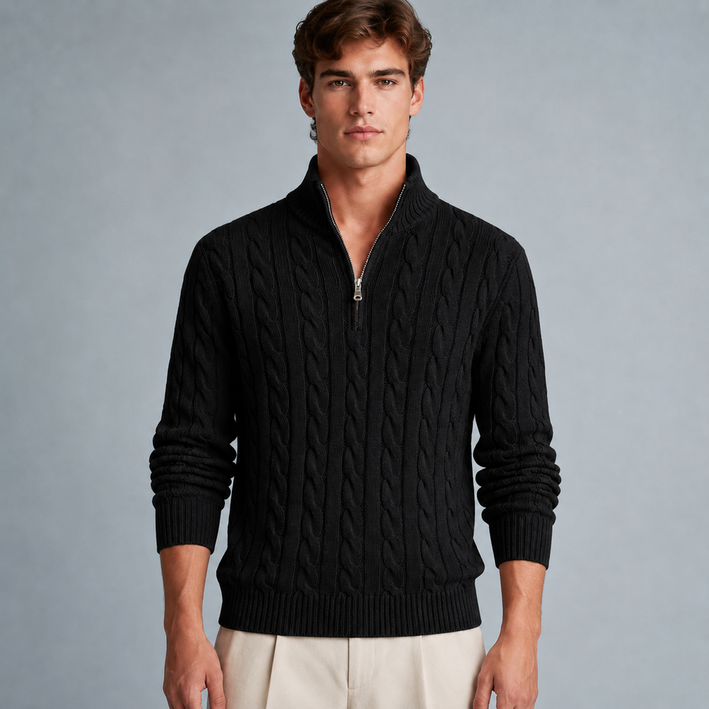 Men's Cotton Cable Knit Zip Turtleneck Jumper