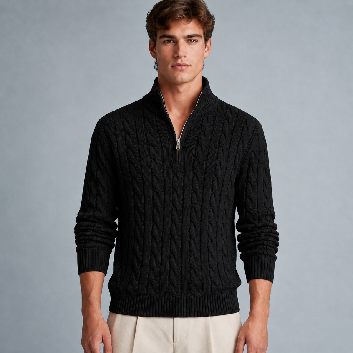Men's Cotton Cable Knit Zip Turtleneck Jumper