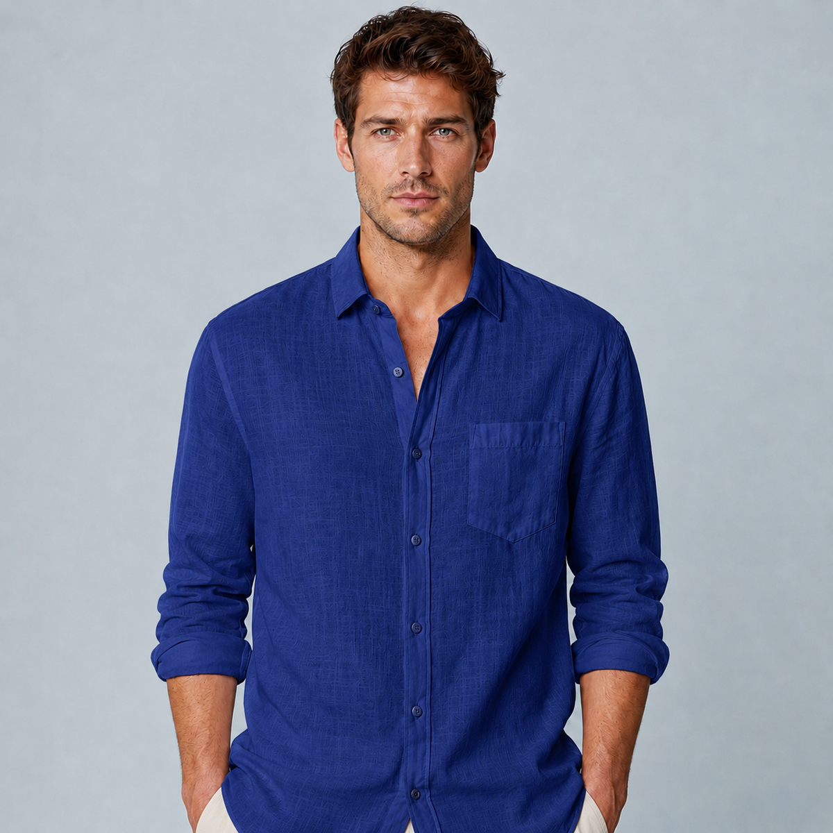 Men's Cotton Linen Lapel Long Sleeve Shirt