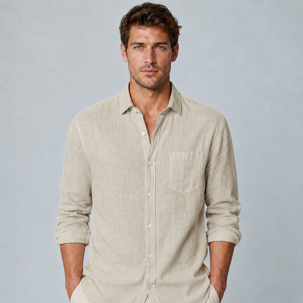 Men's Cotton Linen Lapel Long Sleeve Shirt