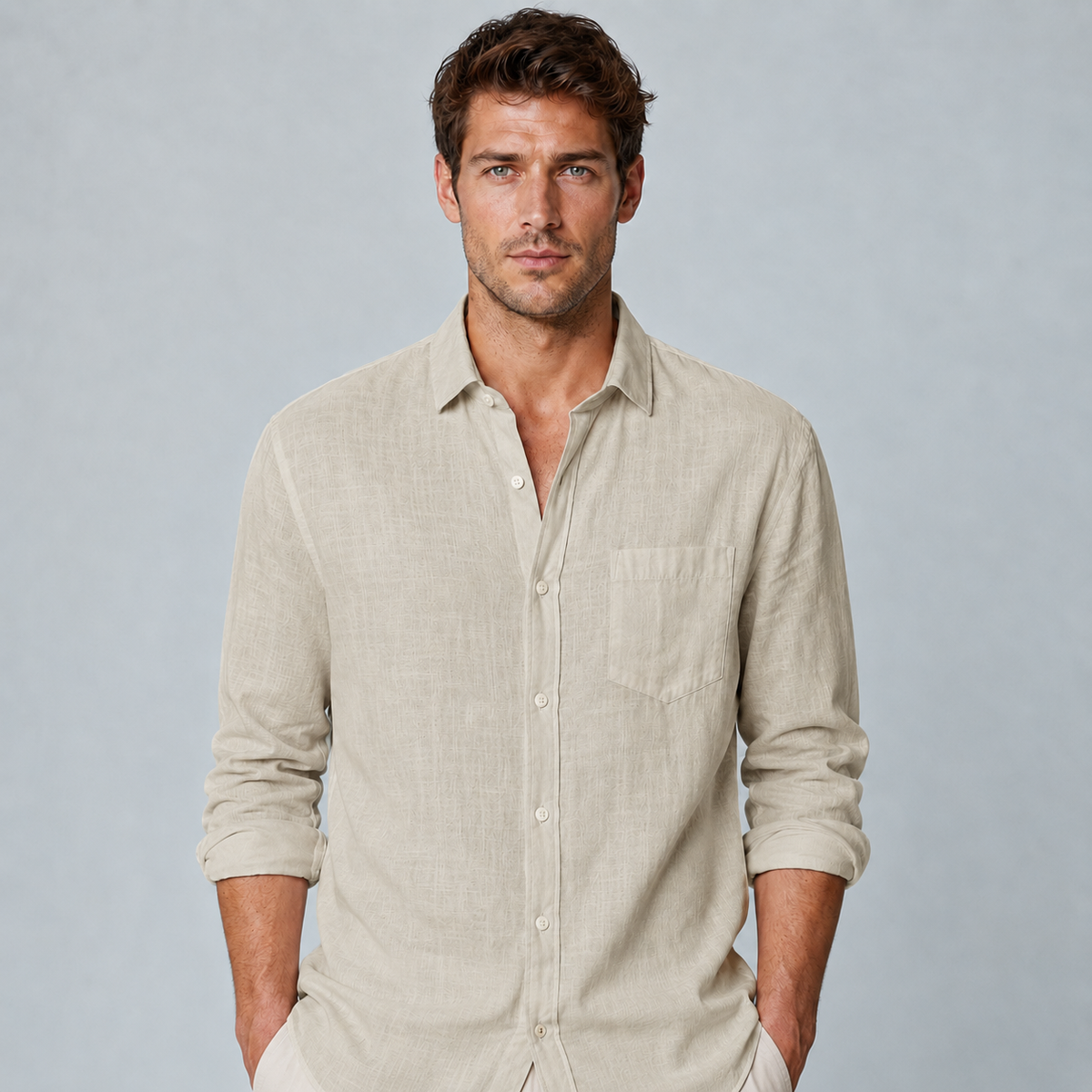 Men's Cotton Linen Lapel Long Sleeve Shirt