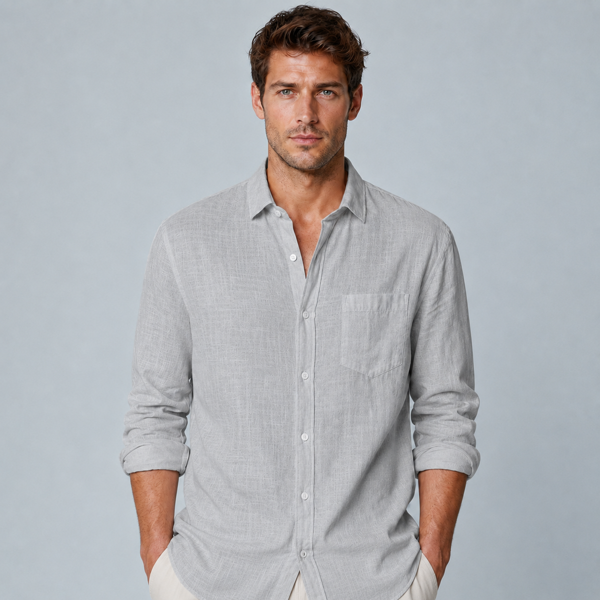 Men's Cotton Linen Lapel Long Sleeve Shirt