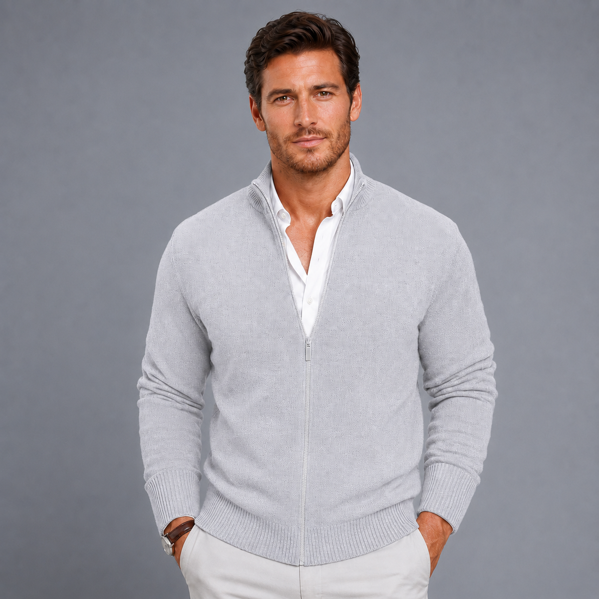 Men's Slim Fit Zip-Up Stand Collar Cardigan