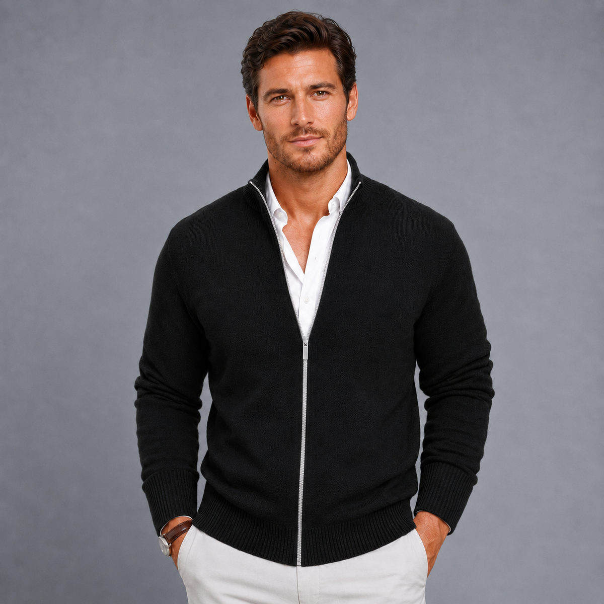Men's Slim Fit Zip-Up Stand Collar Cardigan