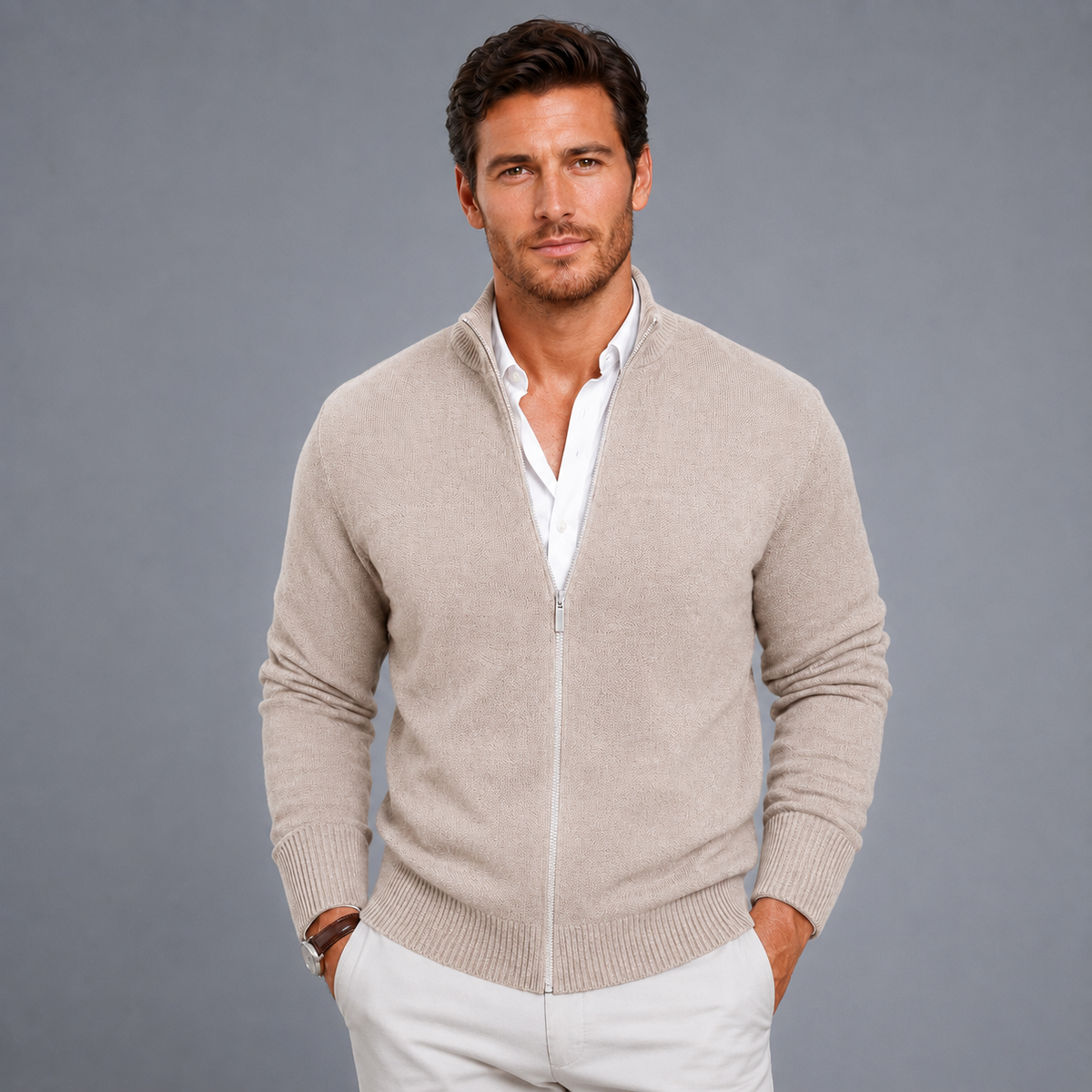 Men's Slim Fit Zip-Up Stand Collar Cardigan
