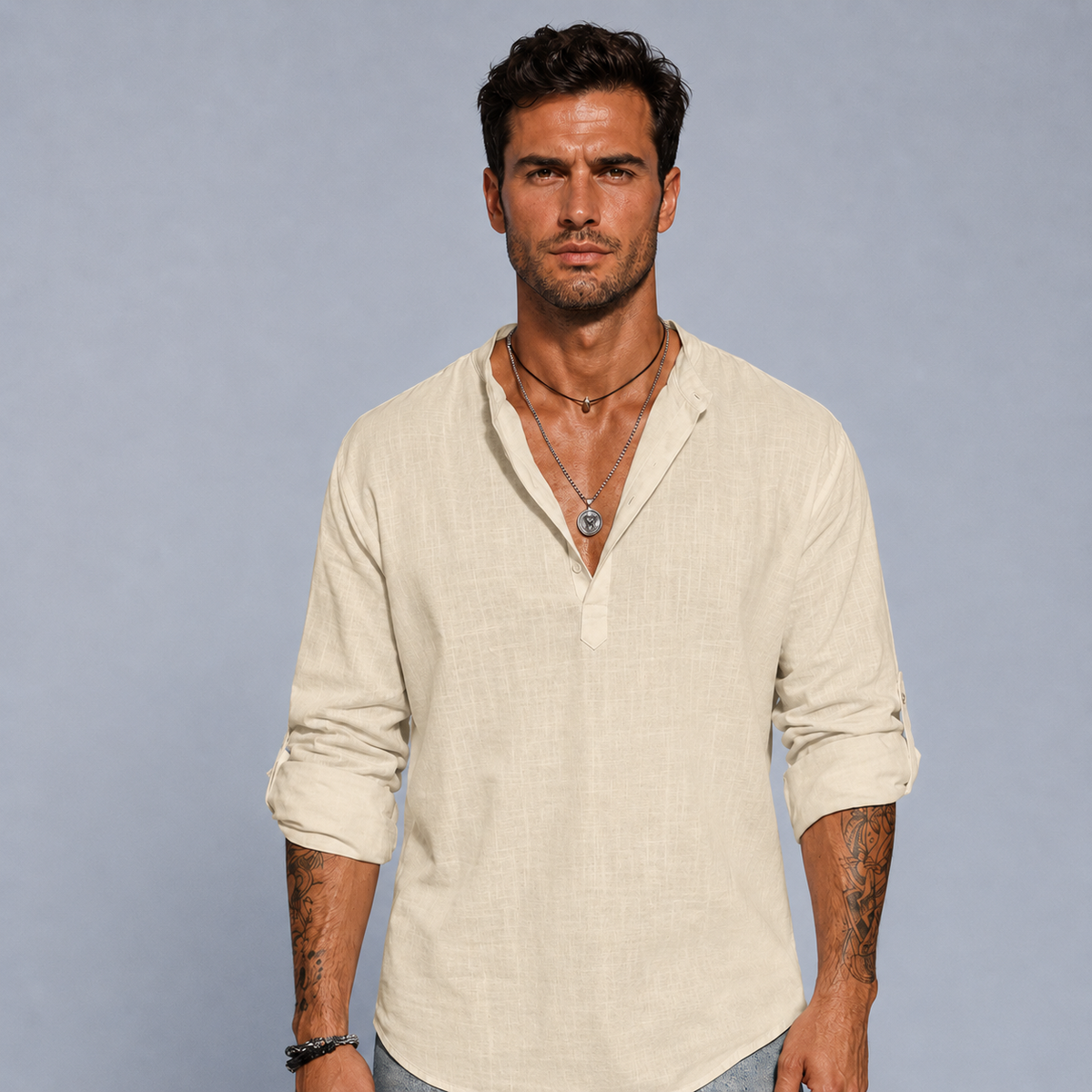 Men's Cotton Linen Half-Button Stand Collar Shirt