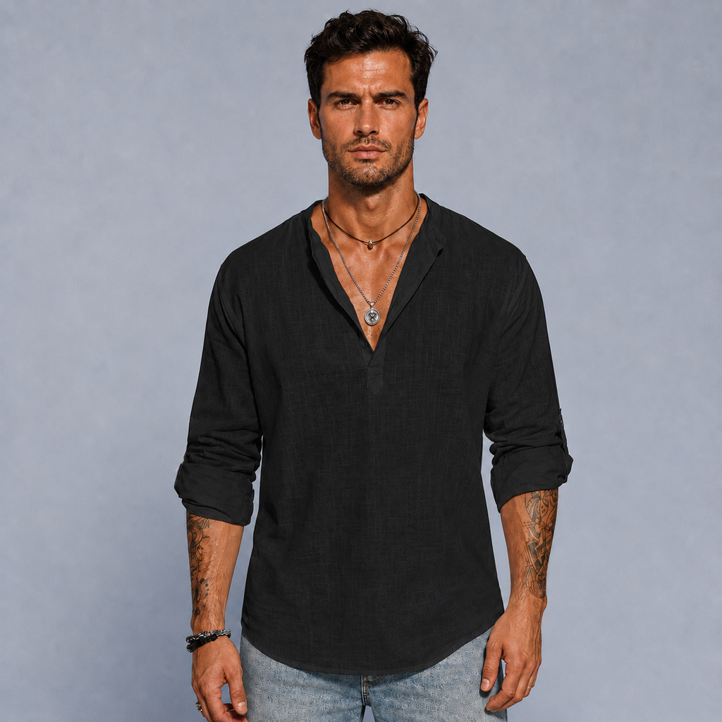 Men's Cotton Linen Half-Button Stand Collar Shirt