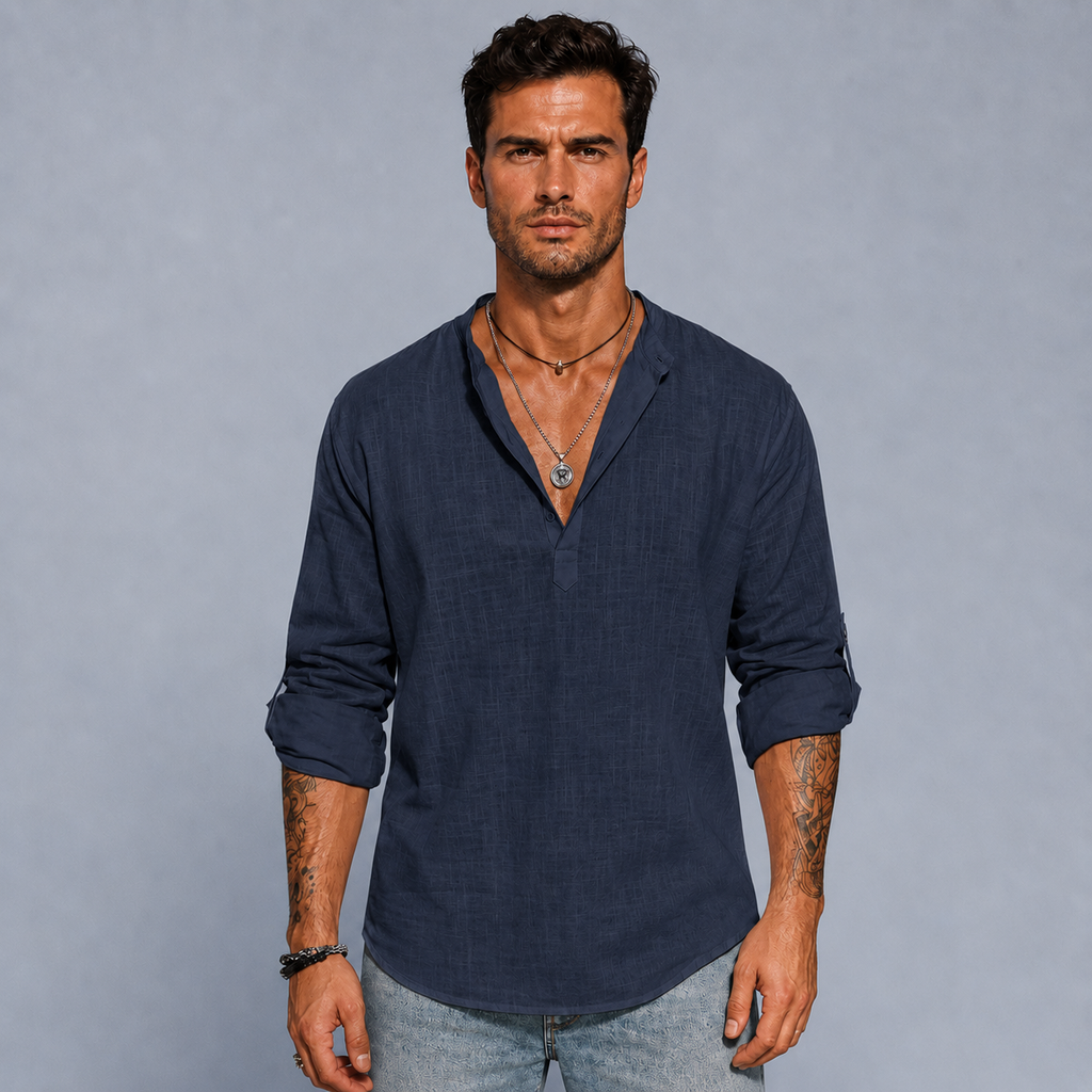 Men's Cotton Linen Half-Button Stand Collar Shirt
