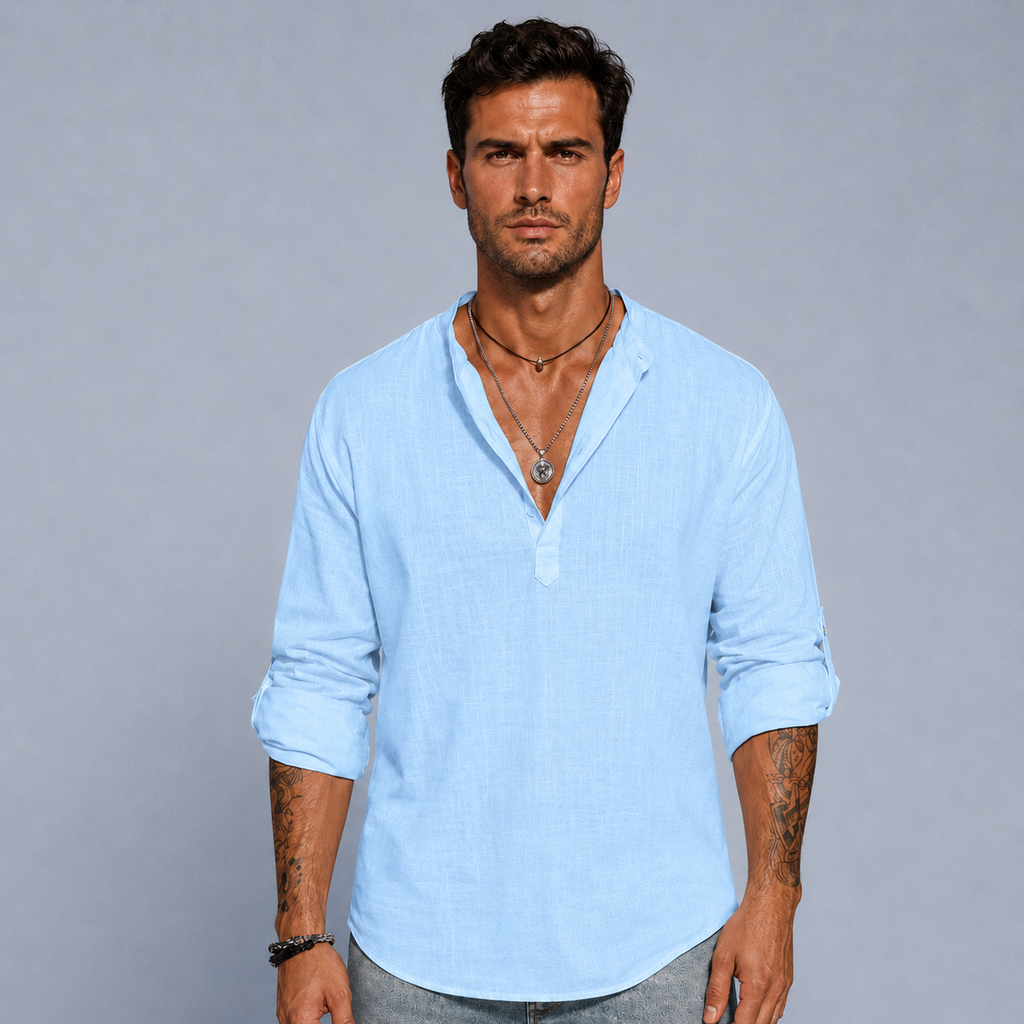 Men's Cotton Linen Half-Button Stand Collar Shirt