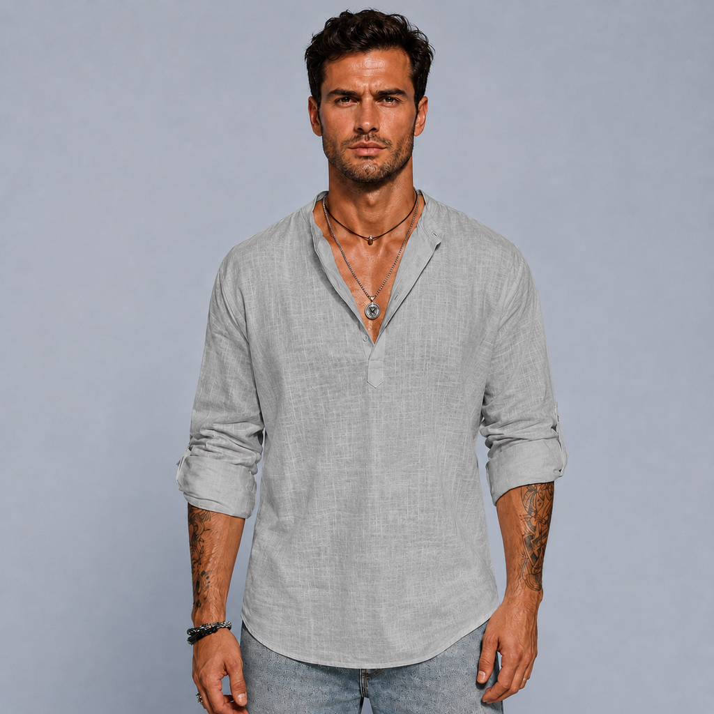 Men's Cotton Linen Half-Button Stand Collar Shirt