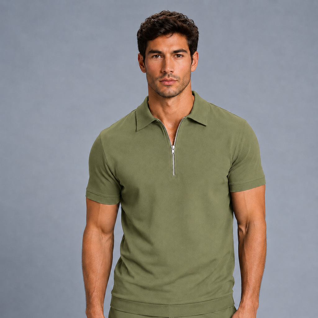 Men's Zip Placket Turn-Down Collar Polo Shirt