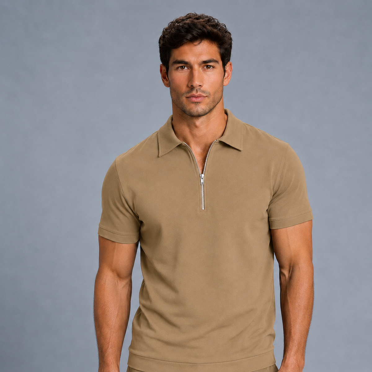 Men's Zip Placket Turn-Down Collar Polo Shirt