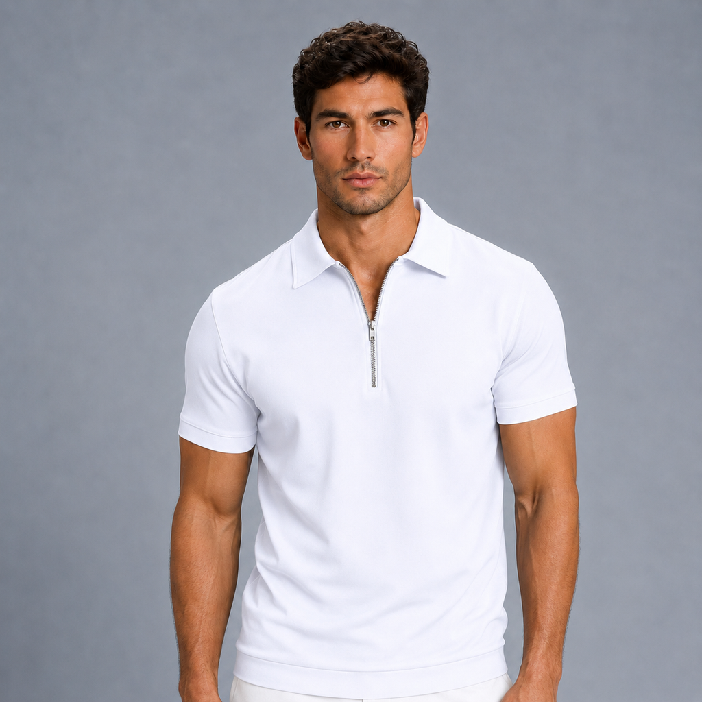 Men's Zip Placket Turn-Down Collar Polo Shirt