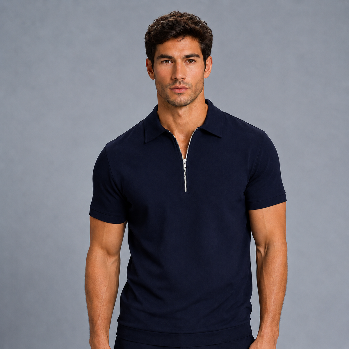 Men's Zip Placket Turn-Down Collar Polo Shirt