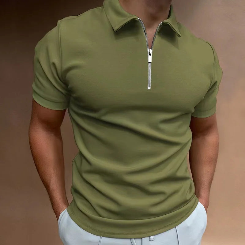 Men's Zip Placket Turn-Down Collar Polo Shirt