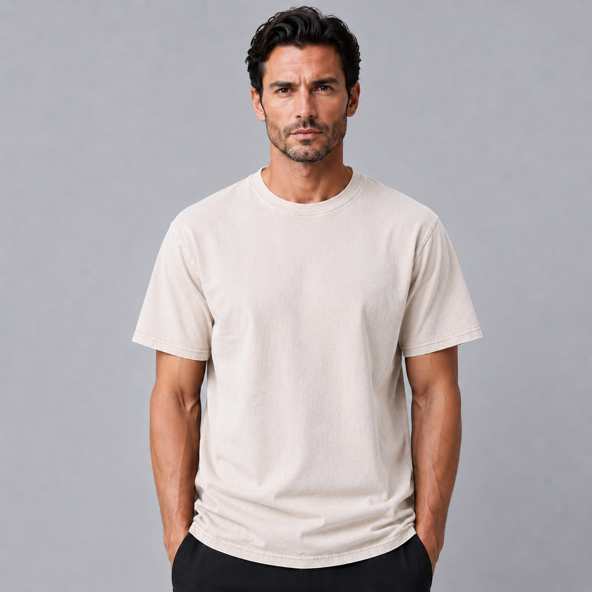 Men's 100% Cotton Wash Crew Neck T-Shirt Black Canvas