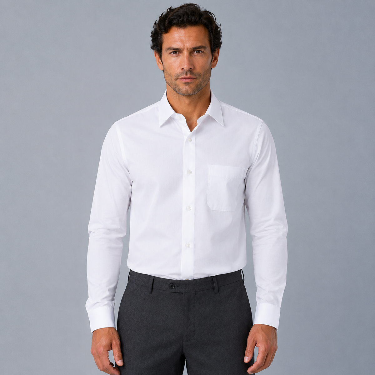 Men's 100% Cotton White Regular Fit Dress Shirt Black Canvas