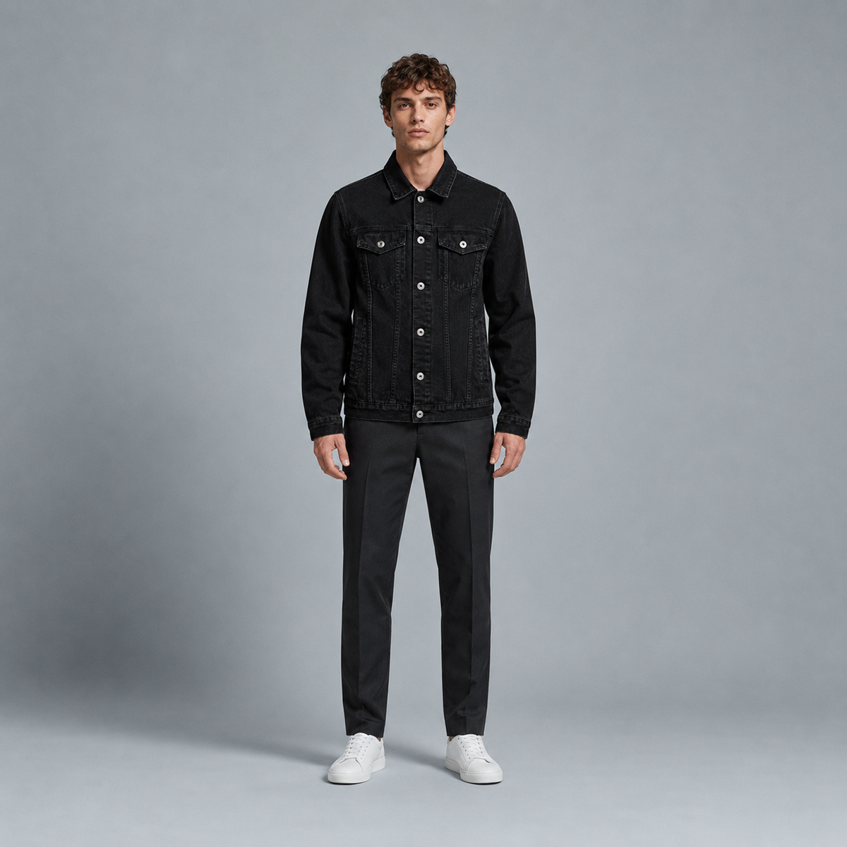 Men's Black Collar Denim Jacket Black Canvas