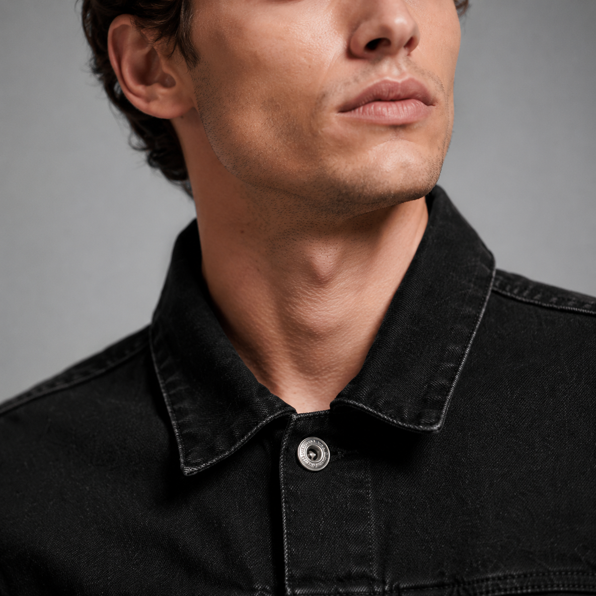 Men's Black Collar Denim Jacket Black Canvas