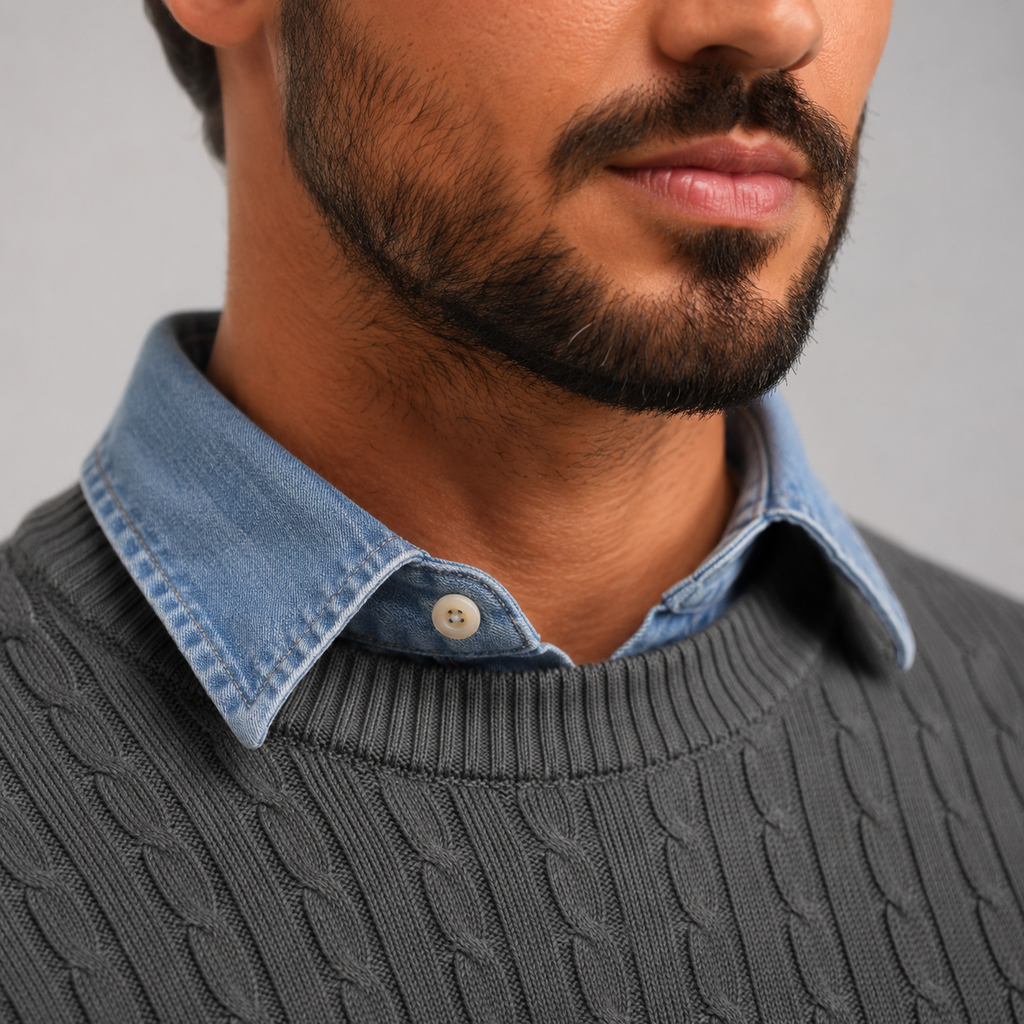 Men's Cable Knit Crew Neck Pullover Jumper Black Canvas