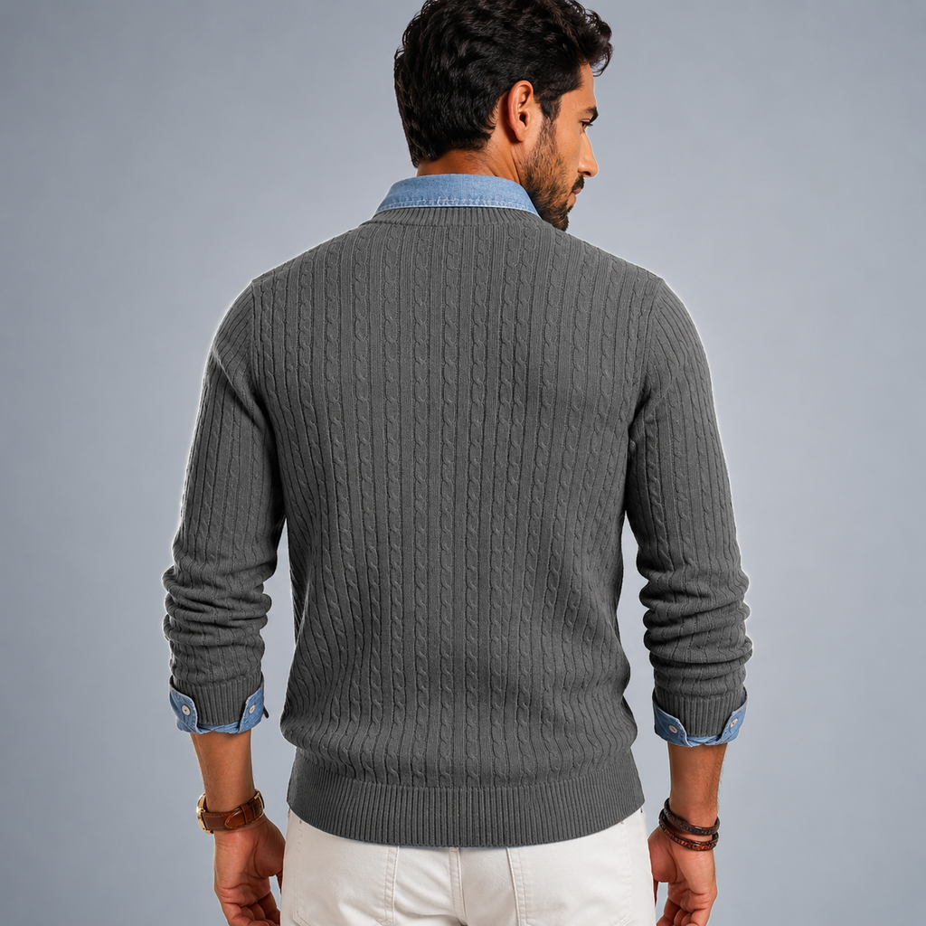 Men's Cable Knit Crew Neck Pullover Jumper Black Canvas