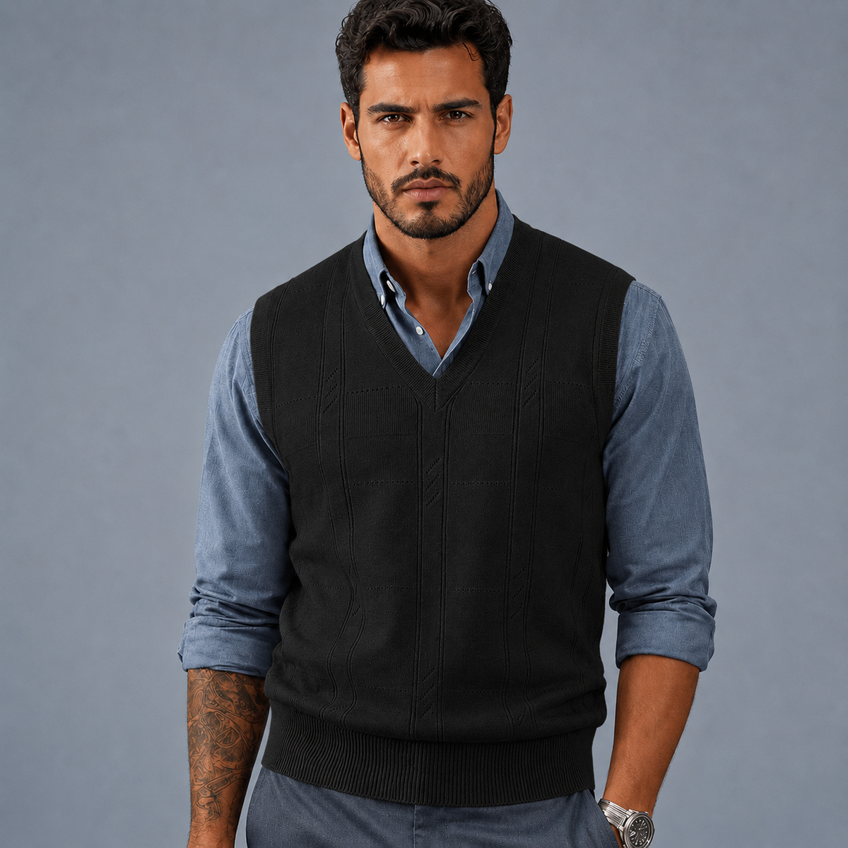 Men's Cable Knit V-Neck Sleeveless Jumper Vest Black Canvas