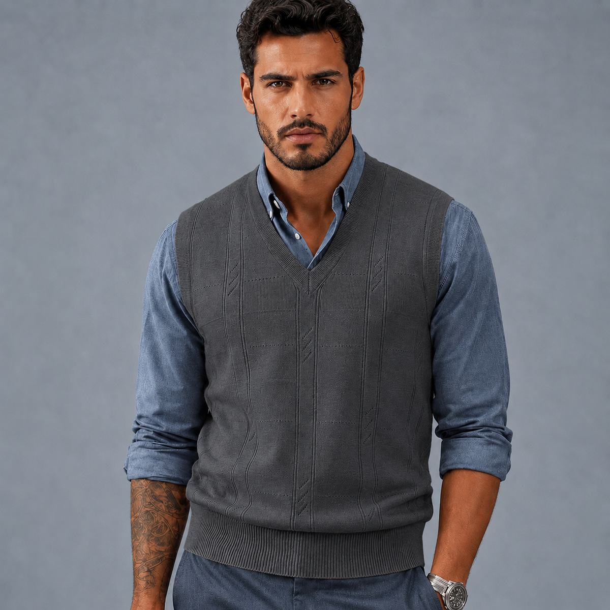 Men's Cable Knit V-Neck Sleeveless Jumper Vest Black Canvas