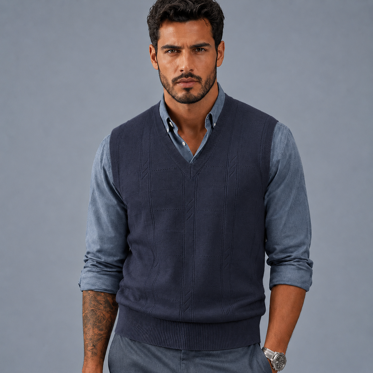 Men's Cable Knit V-Neck Sleeveless Jumper Vest Black Canvas
