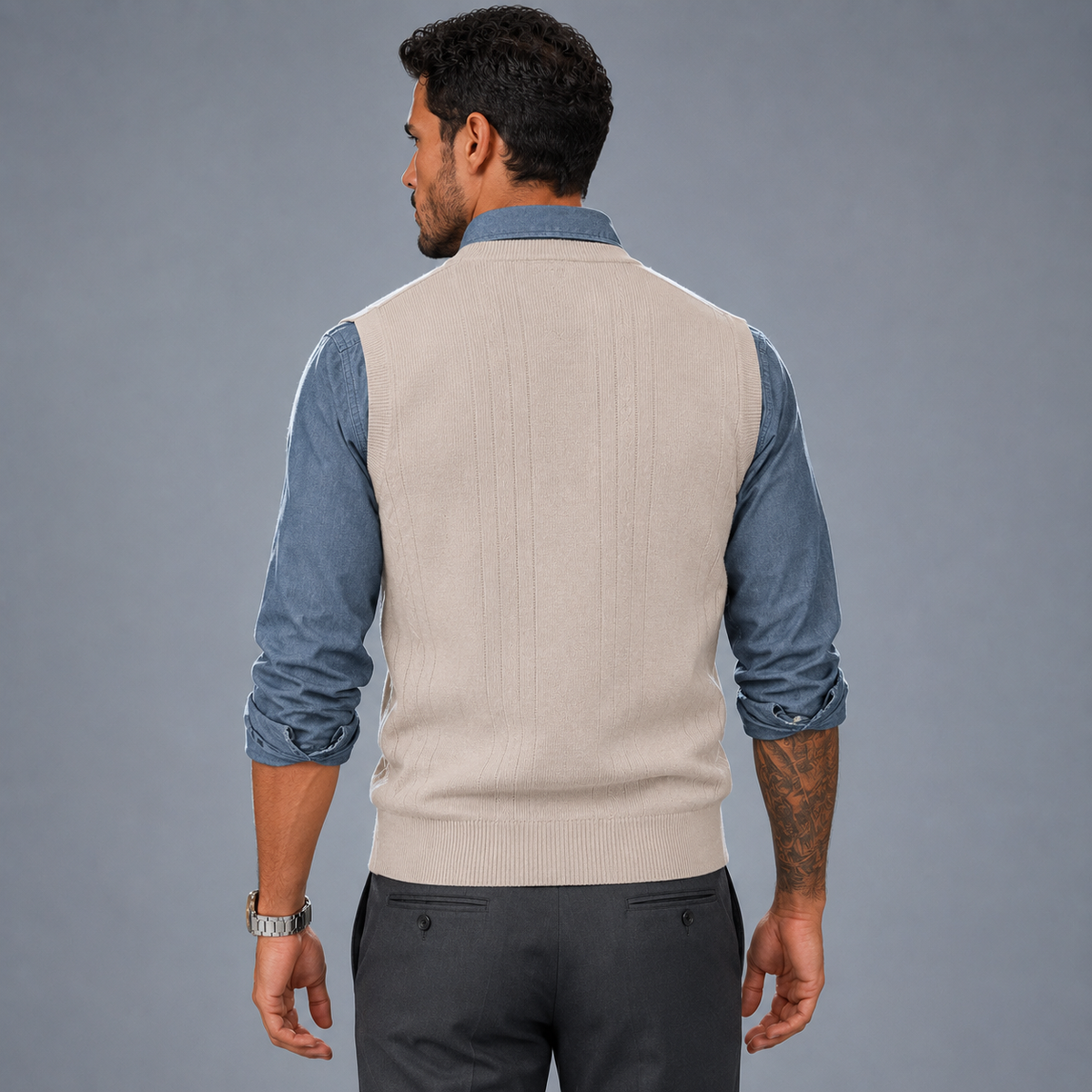 Men's Cable Knit V-Neck Sleeveless Jumper Vest Black Canvas