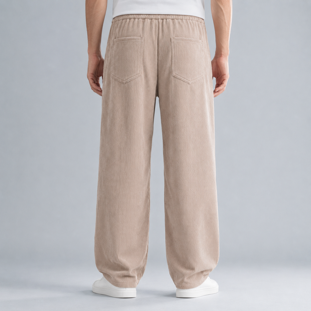 Men's Corduroy Drawstring Relaxed Fit Trousers Black Canvas