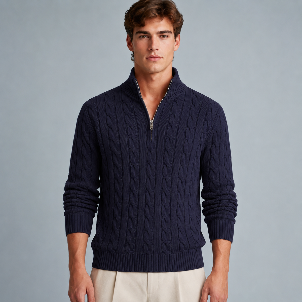 Men's Cotton Cable Knit Zip Turtleneck Jumper Black Canvas