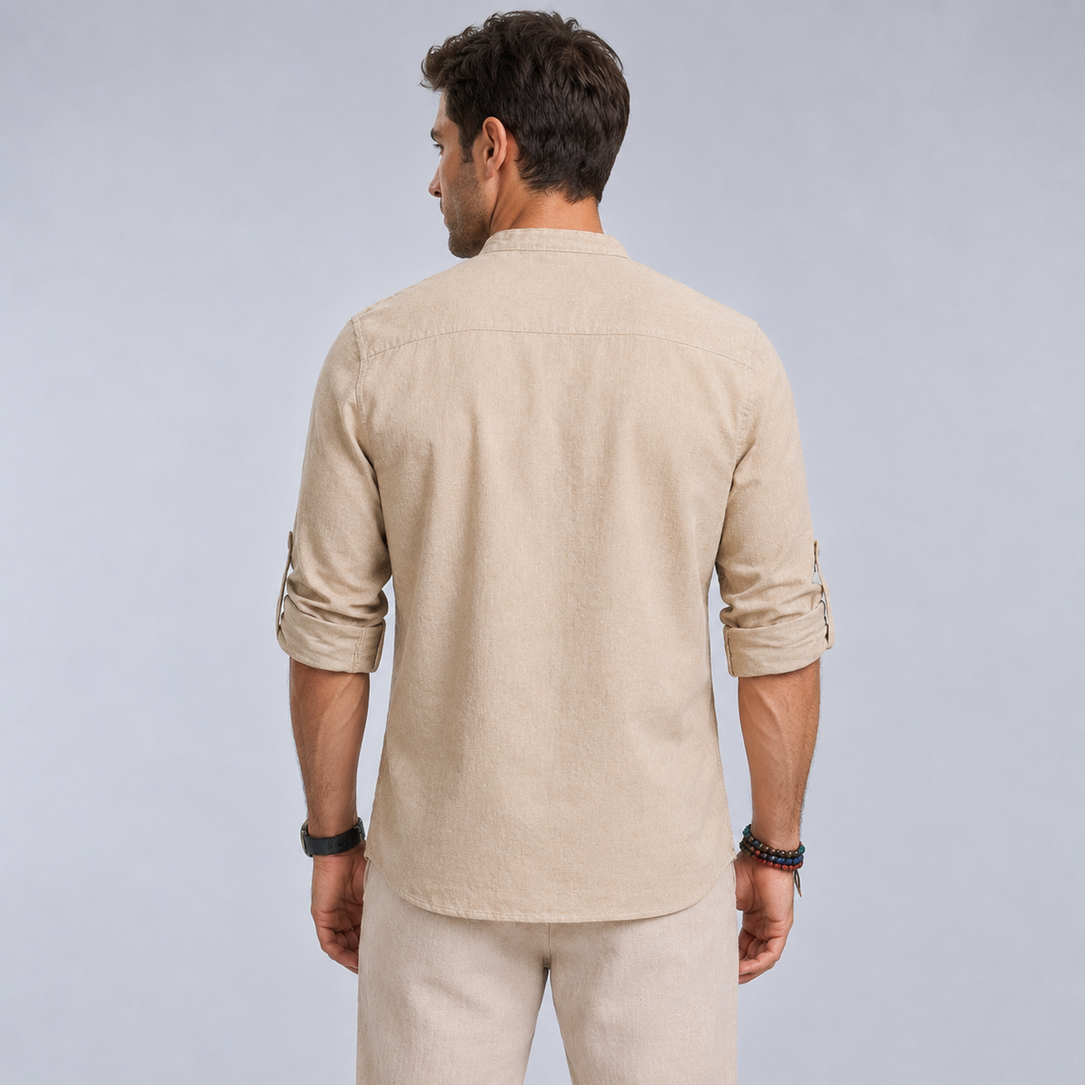 Men's Cotton Henley Stand Collar Long Sleeve Shirt Black Canvas