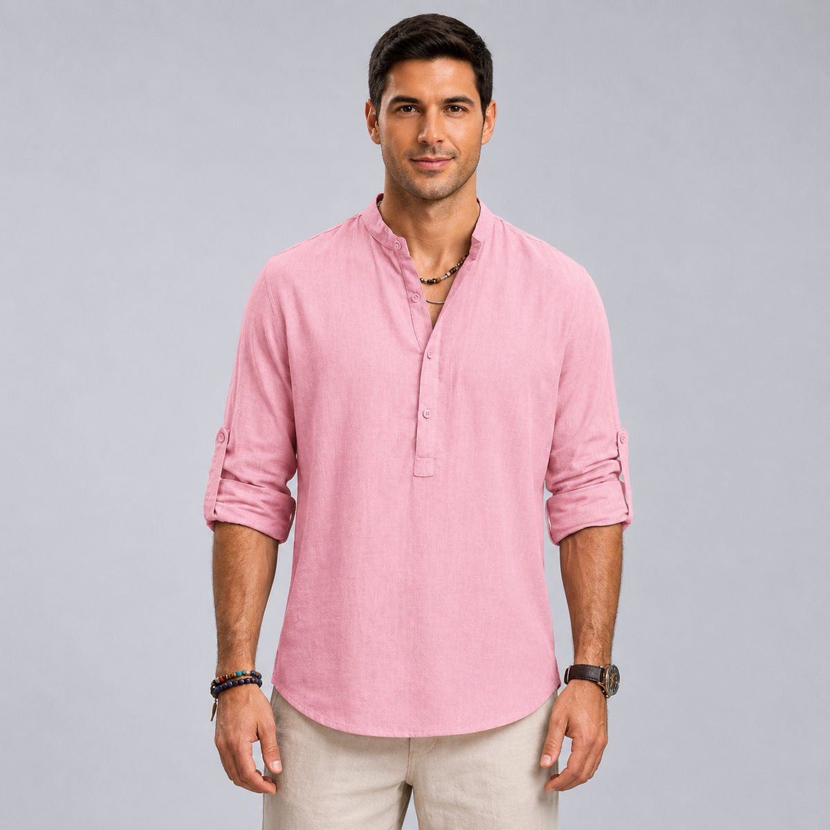 Men's Cotton Henley Stand Collar Long Sleeve Shirt Black Canvas