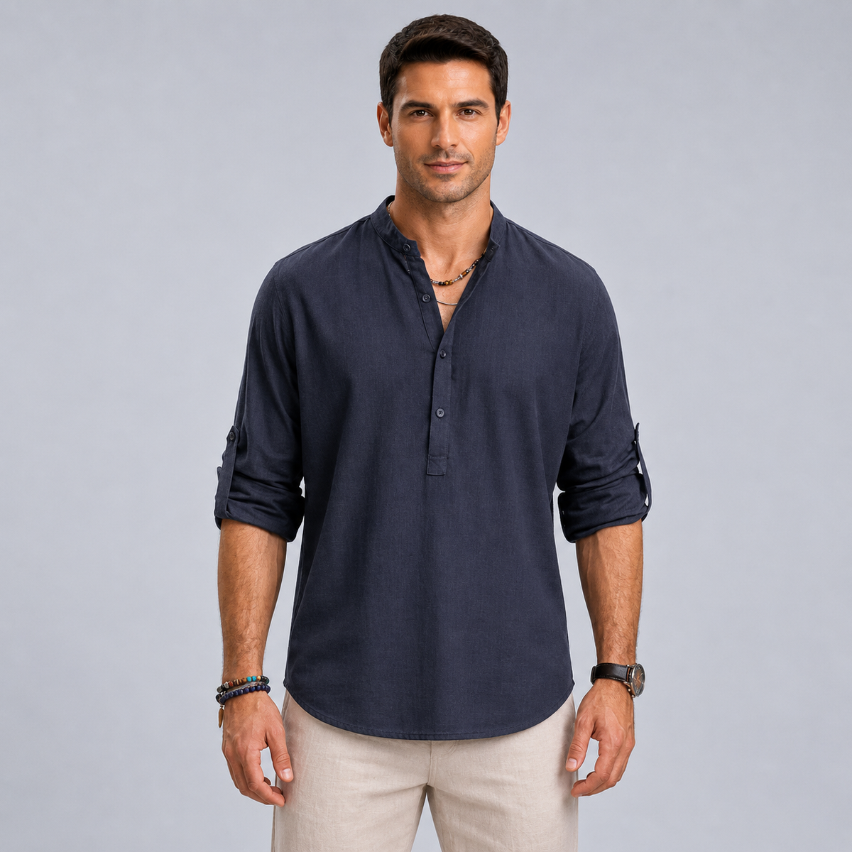 Men's Cotton Henley Stand Collar Long Sleeve Shirt Black Canvas