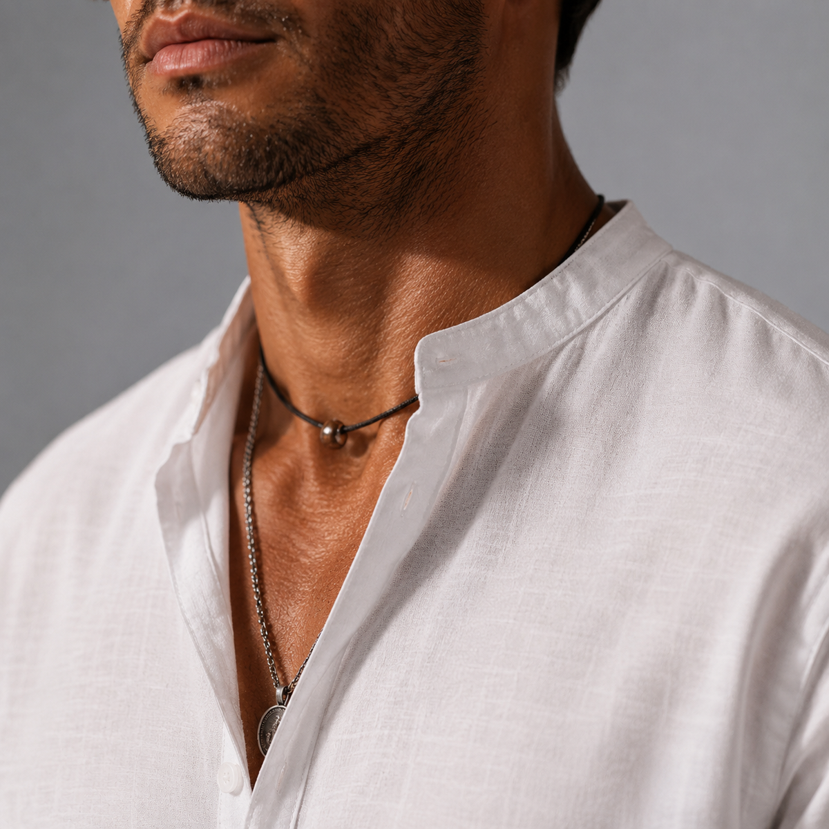 Men's Cotton Linen Half-Button Stand Collar Shirt Black Canvas