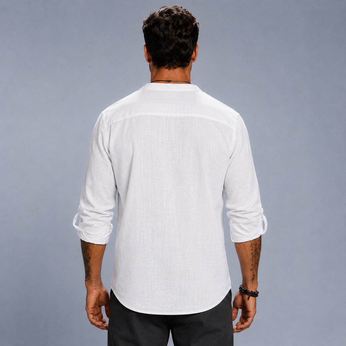 Men's Cotton Linen Half-Button Stand Collar Shirt Black Canvas