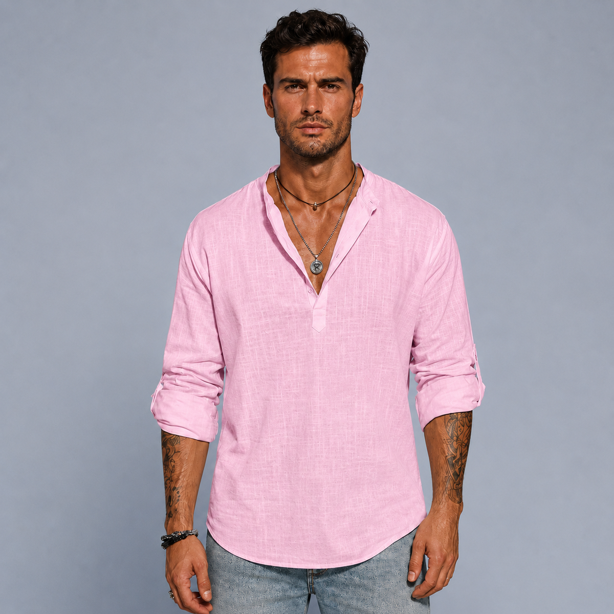 Men's Cotton Linen Half-Button Stand Collar Shirt Black Canvas