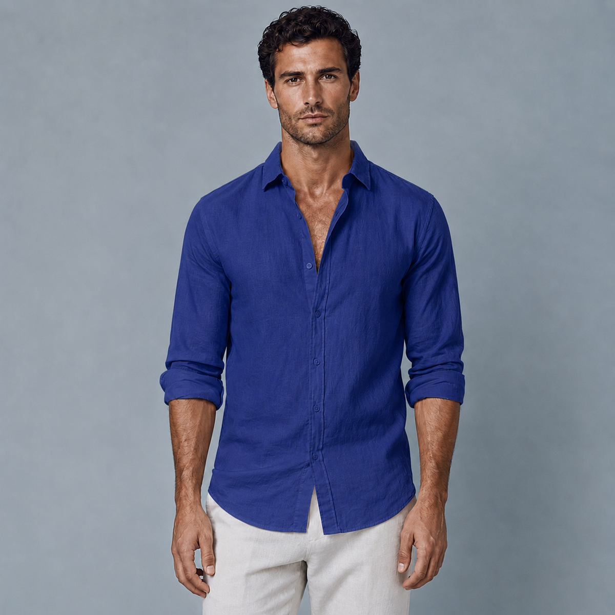 Men's Cotton Linen Long Sleeve Relaxed Shirt Black Canvas