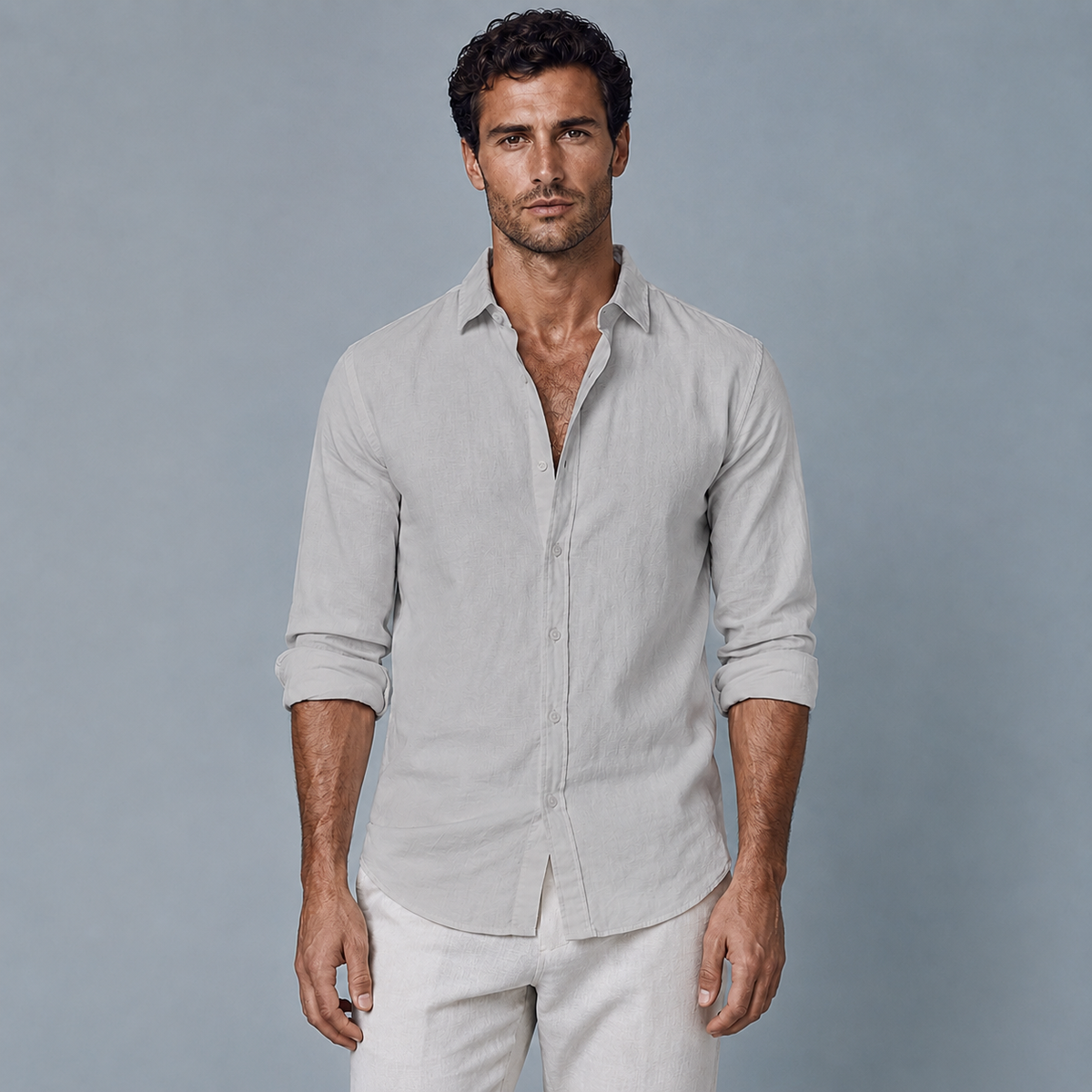 Men's Cotton Linen Long Sleeve Relaxed Shirt Black Canvas