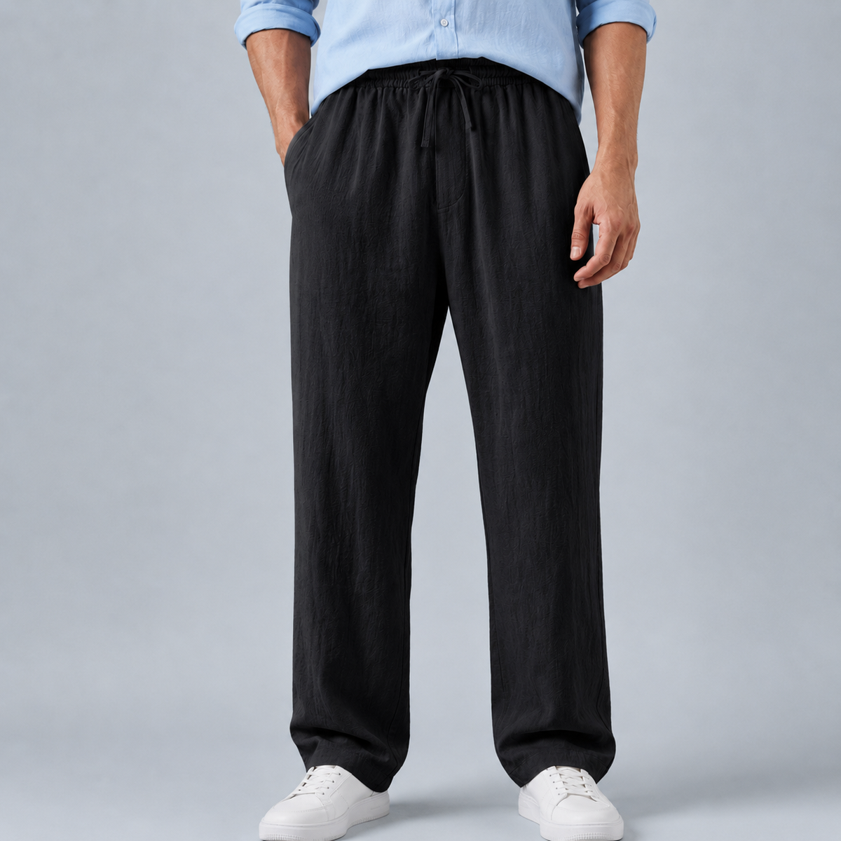 Men's Cotton Linen Straight Leg Trousers Black Canvas