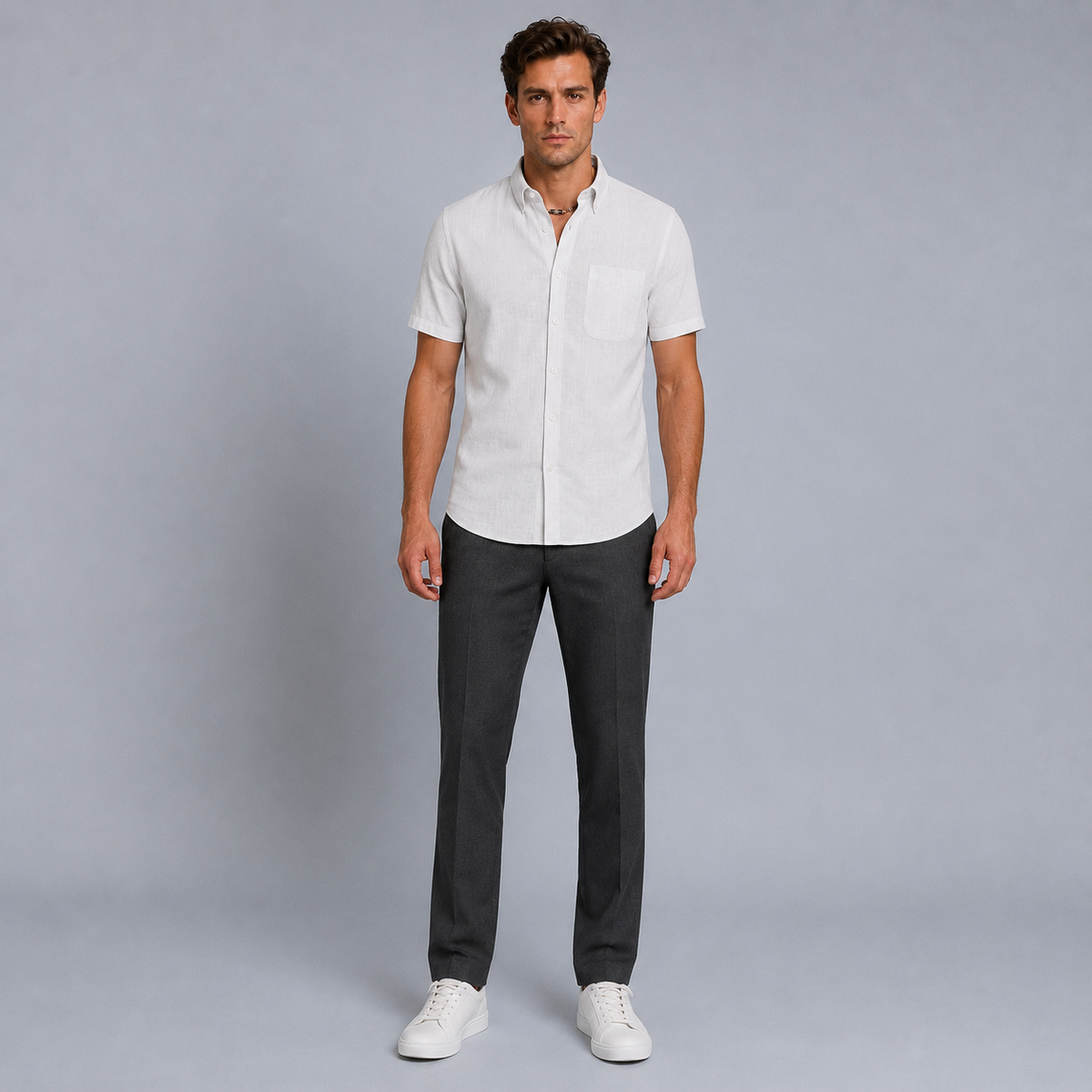Men's Cotton Short Sleeve Pocket Button-Down Shirt Black Canvas