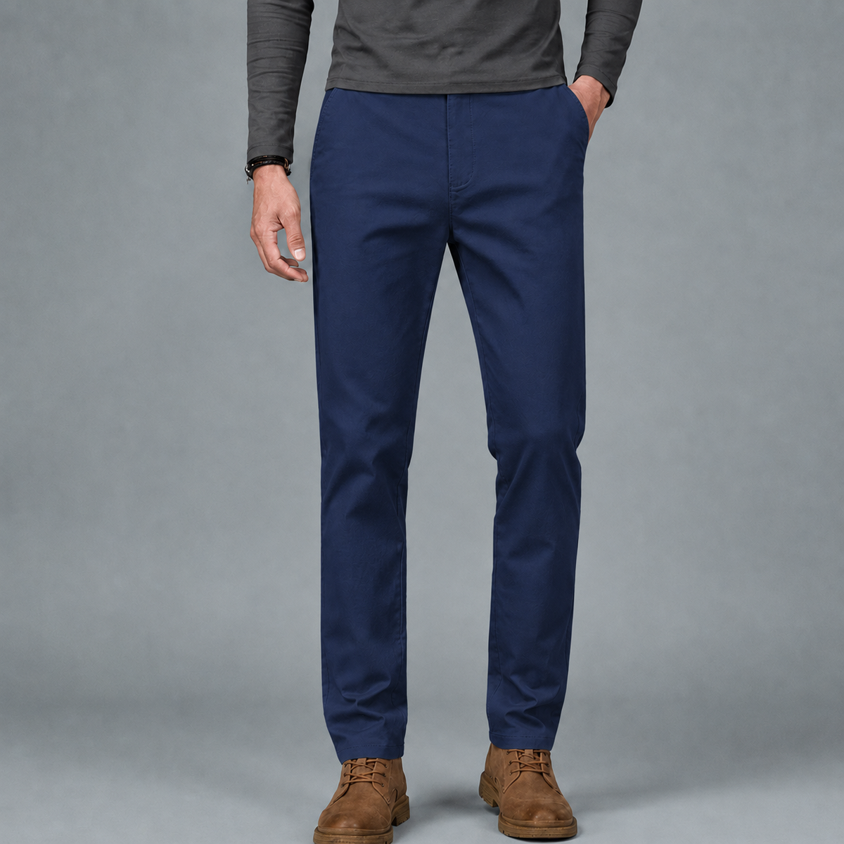 Men's Cotton Slim Straight Elastic Waist Trousers Black Canvas