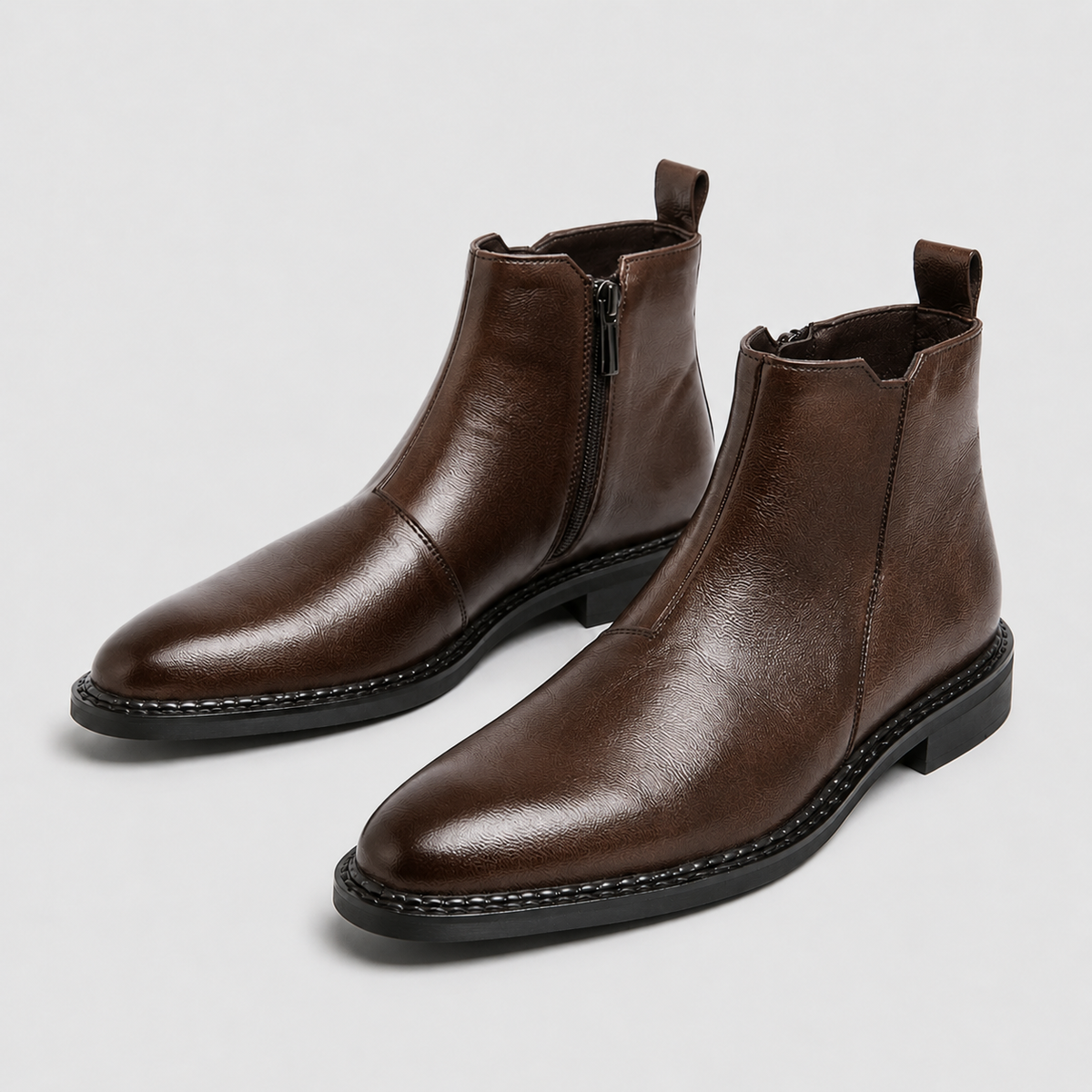 Men's Genuine Leather Pointed Toe Ankle Boots Black Canvas