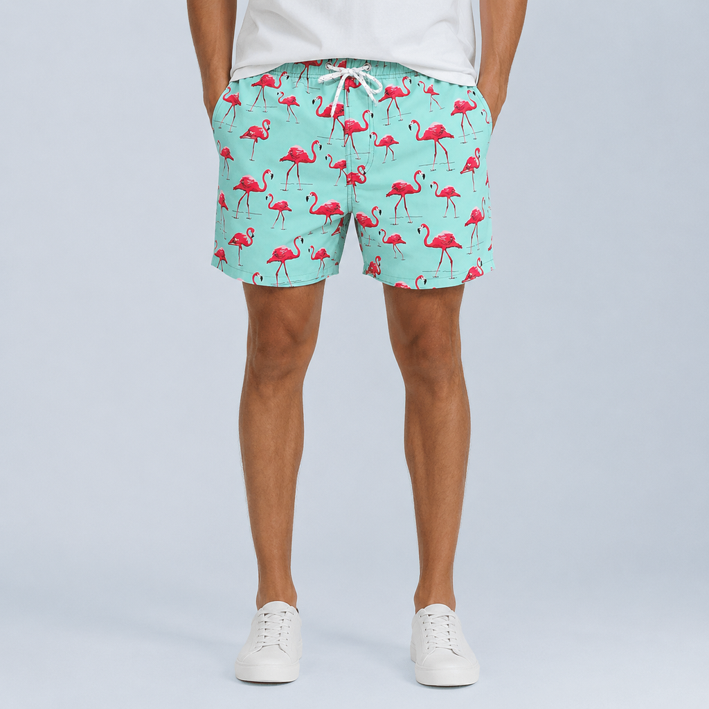 Men's Green Flamingo Quick-Dry Swim Shorts Black Canvas