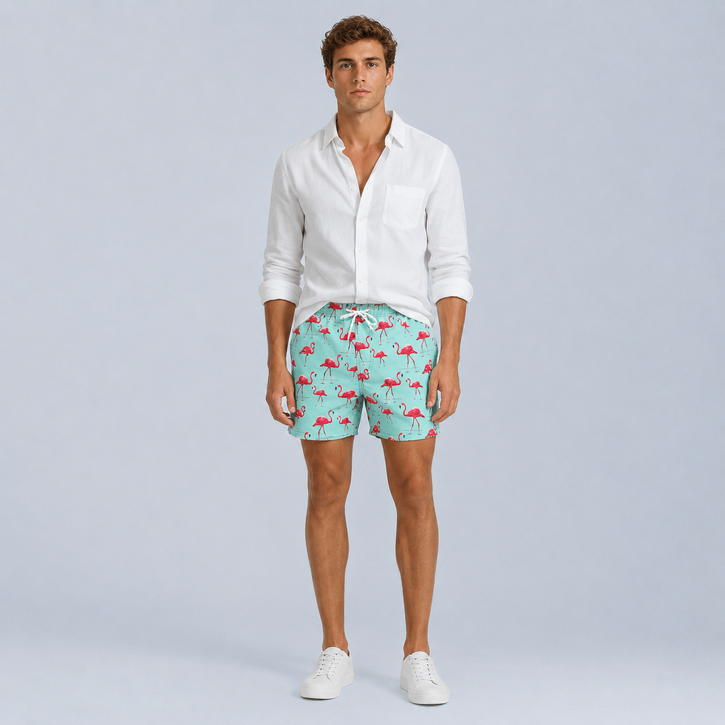 Men's Green Flamingo Quick-Dry Swim Shorts Black Canvas