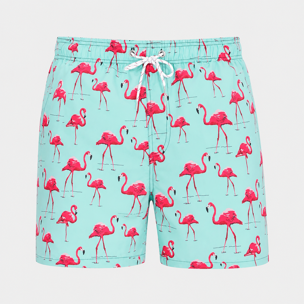 Men's Green Flamingo Quick-Dry Swim Shorts Black Canvas
